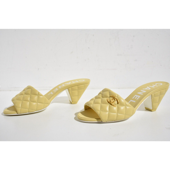 Chanel 22P Yellow Lambskin Quilted CC Gold Logo Cone Heel Mule Slide Sandal 38 - Picture 10 of 12